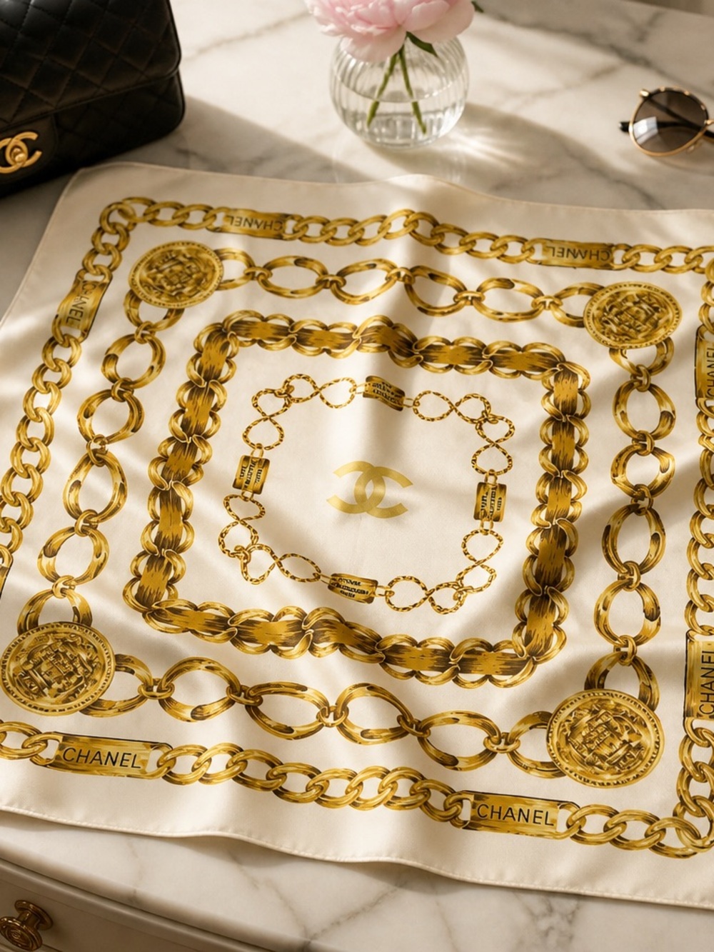 CHANEL Cream and Gold Chain Motif Silk Scarf 1980s or 1990s. Lovely condition.
